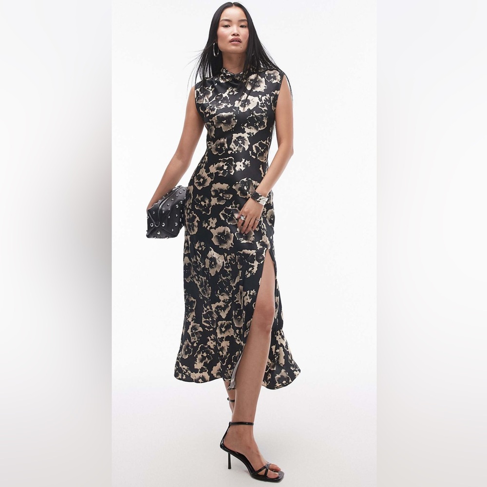 Topshop drape neck maxi dress in blurred mono floral
